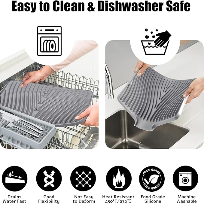 Silicone Dish Drying Mat, Stone Drying Mat for Kitchen Counter with Built-In Drain, Non-Slip Drain Pad with Built-in Drain, Heat Resistant Stone Drying Mat, 1Pcs 20" x 15", Grey