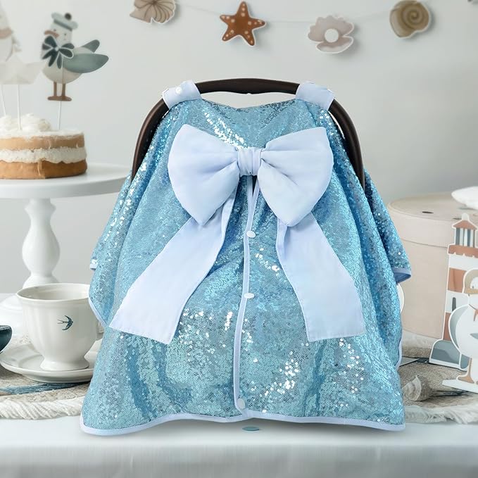 Baby Carseat Canopy Cover with Bow for Girls Boys with Bow Stroller and Cart Cover Carseat Nursing Cover Newborn Gift (Blue)
