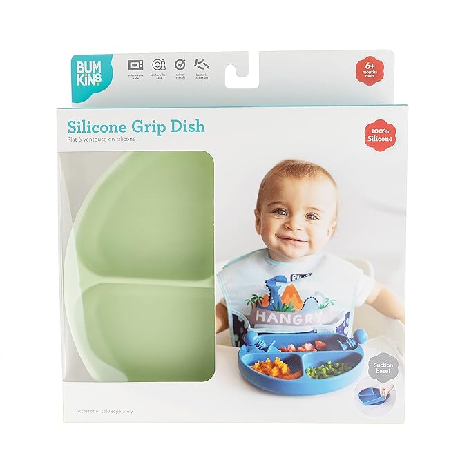 Bumkins Toddler and Baby Suction Plate, Divided Grip Dish for Babies and Kids, Baby Led Weaning, Feeding Supplies, Sticks to Tables and Highchairs, Platinum Silicone, for Chidren 6 Months, Sage