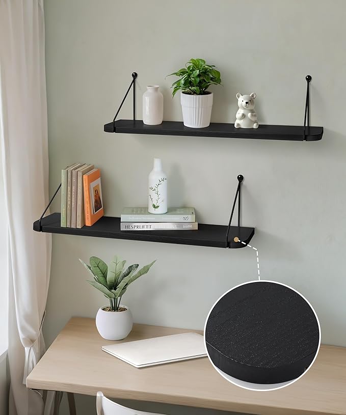 Afuly 24in Floating Shelves for Wall, Black Wooden Shelves with Triangular Brackets for Bathroom, Living Room, Bedroom, Kitchen, Home Wall Decor, Set of 2
