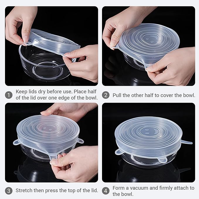 4 Pack 8.1in Reusable Silicone Stretch Lids, Silicone Bowl Covers for Food Storage, Universal Stretchable Lids for Containers Produce, Elastic Expandable Seal Cover, Microwave Freezer Safe