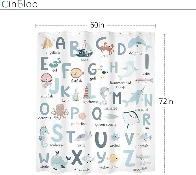 Kids Shower Curtain 60Wx72H Cute Cartoon Alphabet ABC Sea Animal Blue Educational Ocean Bathroom Curtain Set Baby Boys Girls Bath Curtain Cloth Fabric Beach Bathroom Decor with 12 Hooks