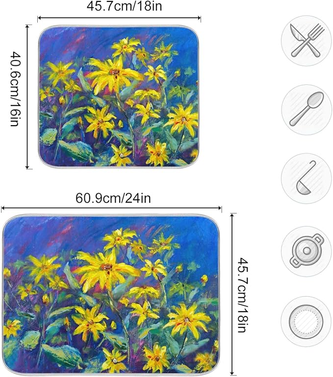 Absorbent Dish Drying Mat for Kitchen Counter - Oil Painting Flowers Microfiber Drying Pad, Reversible Drainer Mats for Countertop, Small 16" x 18"