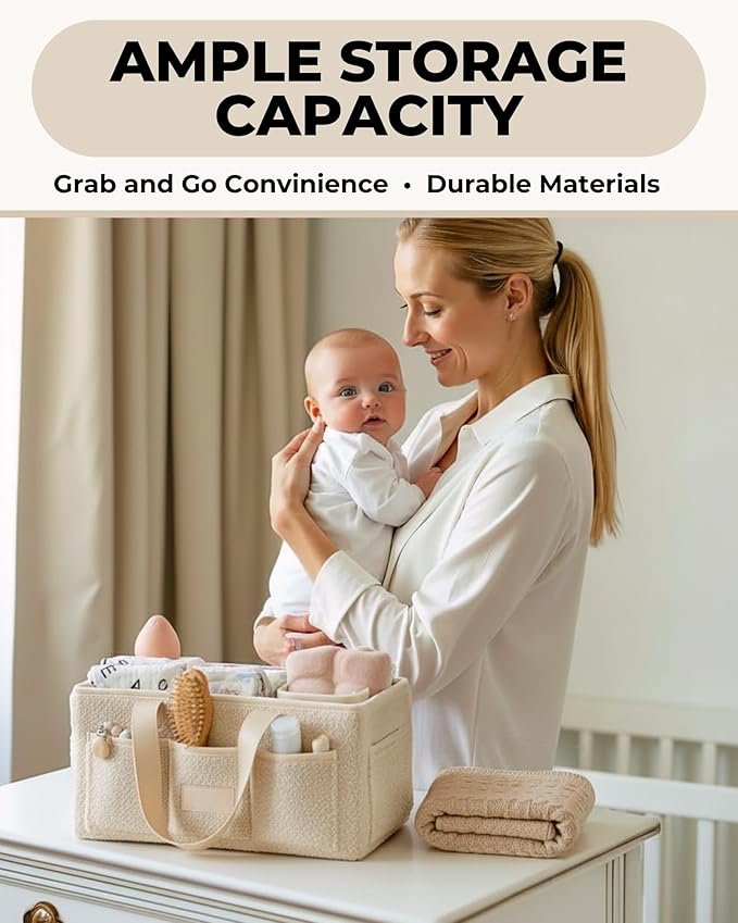 Toodly Baby Diaper Caddy Organizer with Portable Changing Mat - Teddy Fleece Diaper Organizer for Changing Table - Basket for Changing Essentials - Baby Essentials Organizer with Removable Dividers