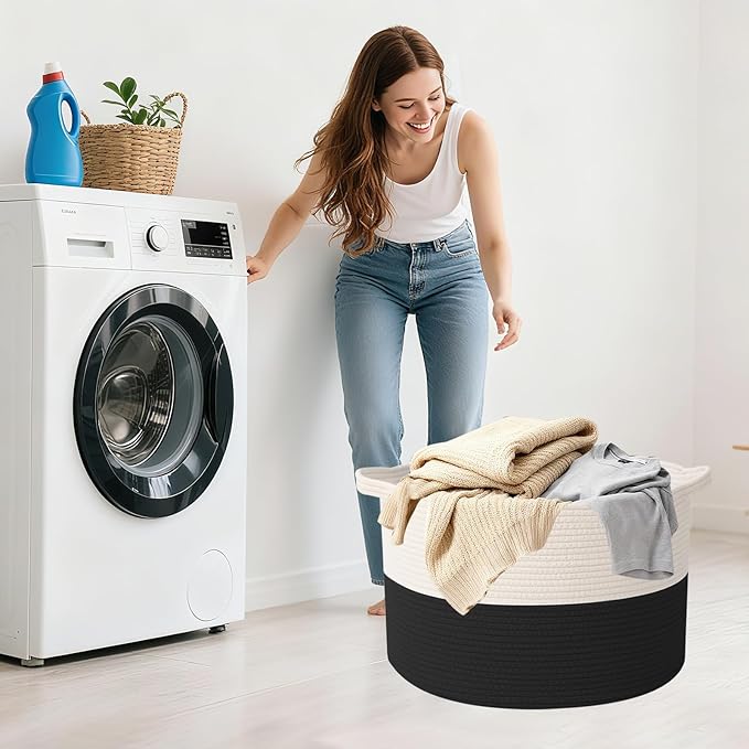Large Storage Basket with Handle,19.7" L x 19.7" W x 13" H Blanket Basket Storage Bins for Organizing,65L Cotton Rope Woven Baskets for Living Room, Nursery,Bedroom,White&Black