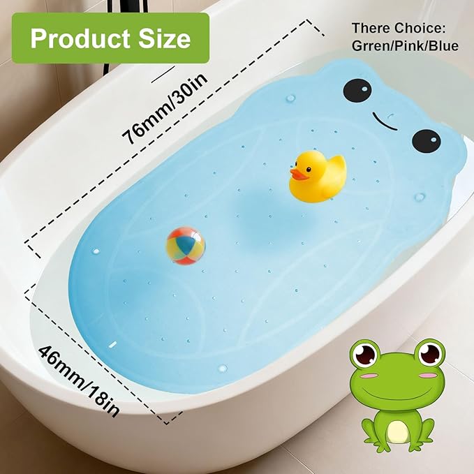 Bathtub Mat Non Slip for Baby Toddlers 30"x 18",Cute Bath Shower Mat with Frog Pattern for Tub,Washable Anti Slip Kids Bath Mat Shower Mats for Bathroom Kitchen Restroom,Blue