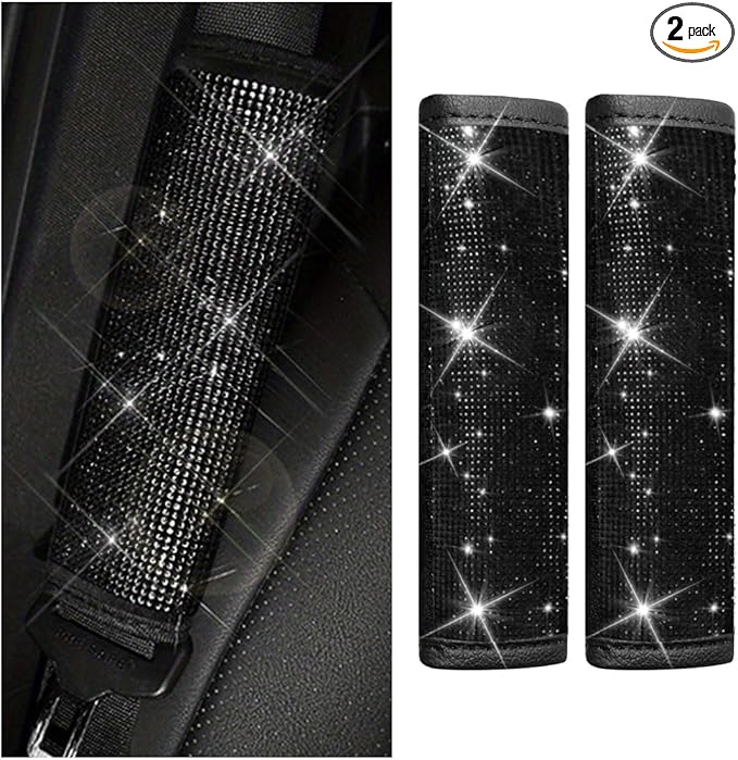 2PCS Bling Car Seat Belt Shoulder Pads, Bling Rhinestones Seat Belt Covers for Women, Car Seatbelt Strap Pad with Crystal Diamond, Car Interior Accessories for Car SUV (Black Diamond)