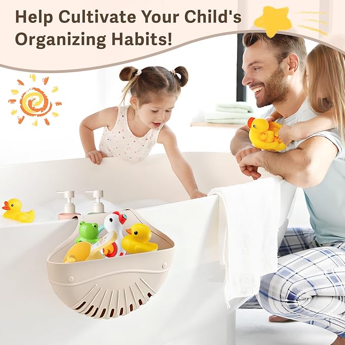 Silicone Bath Toy Organizer for Tub, Flexible 2-Compartment Bathtub Storage Basket for Kids & Adults, Drainable Toy Holder and Foldable Shower Caddy for Bathroom Essentials（Beige）