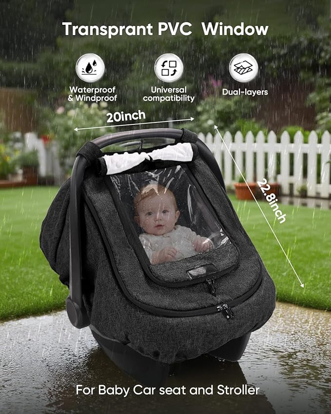 Waterproof Car Seat Cover for Baby, 2-Layer Car Seat Rain Cover with Clear Window & Sunshade & Mesh Cover, Universal Infant Carseat Canopy for Stroller, Protect from Rain and Snow - Black