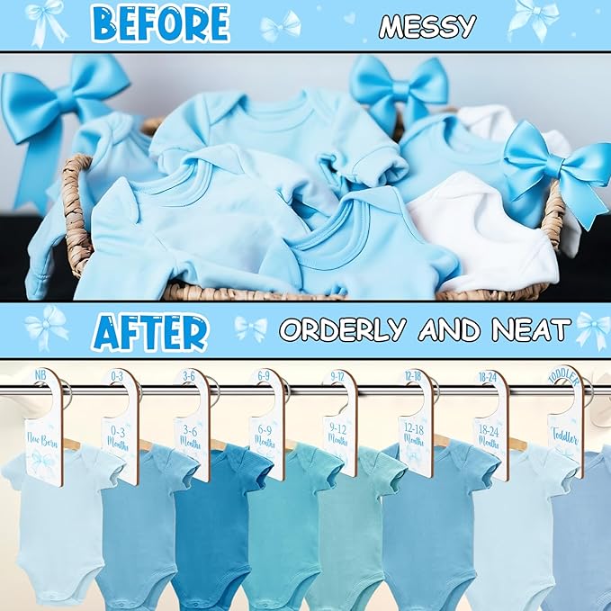 Baby Closet Dividers 8PCS, Blue Bow Themed Wooden Double-Sided Clothes Size Hanger Organizer from Newborn to Toddler for Nursery Decor Baby Shower Birthday Gift