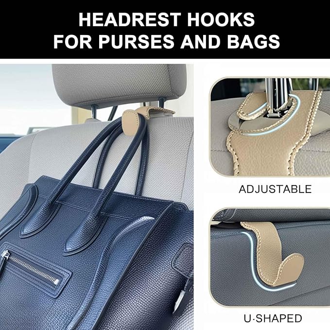 Car Seat Hooks for Purses and Bags, 4 Pack Car Purse Holder for Grocery Bag Handbag Clothes, Metal Headrest Hooks Covered by Leather, Beige