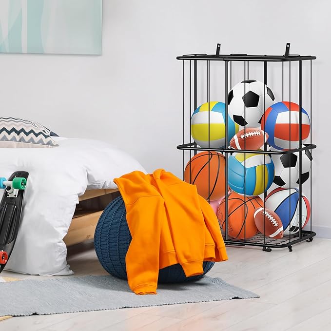 OYEAL Stuffed Animal Zoo Storage Metal Stuffed Animal Organizer With Wheels Ball Storage Rack Stand Plush Storage Holder With Elastic Band for Nursery Play Room Bedroom, Easy To Assemble, Black