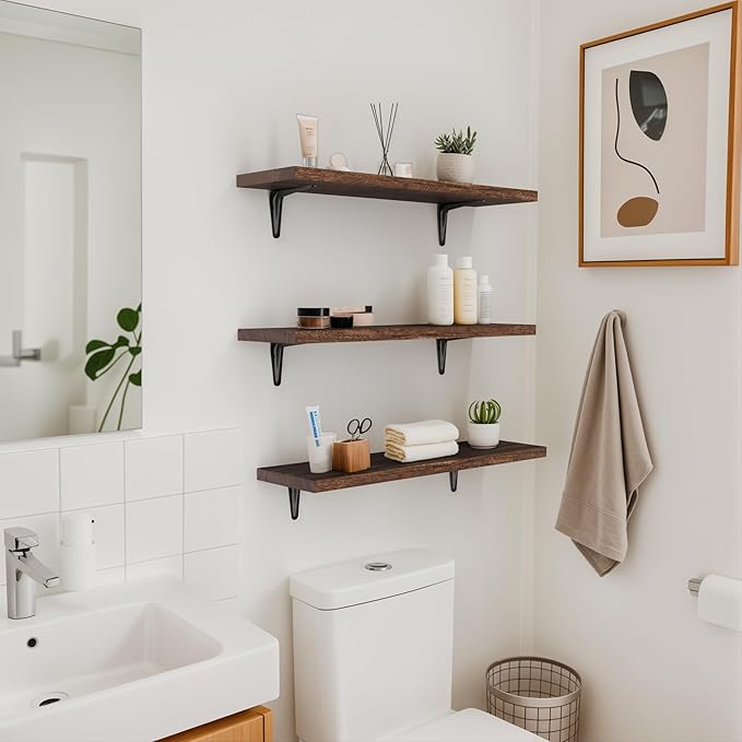 SKYSEN Floating Shelves for Wall Set of 6, 23.6in Wood Wall Shelf for Decor, Bathroom, Bedroom, Storage, Book,Kitchen, Living Room - Dark Brown(fs-60-d)