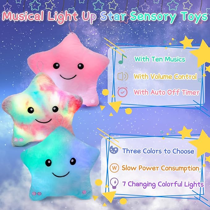 Subao Sensory Toys for Kids with Autism,14" Soft Toddler Pillow With Light &Music,Plush Star Night Light,Light Up Adhd Autism Sensory Products,Birthday Xmas Easter Gifts for Boys 3 4 5 6 7 8 9 10 Blue