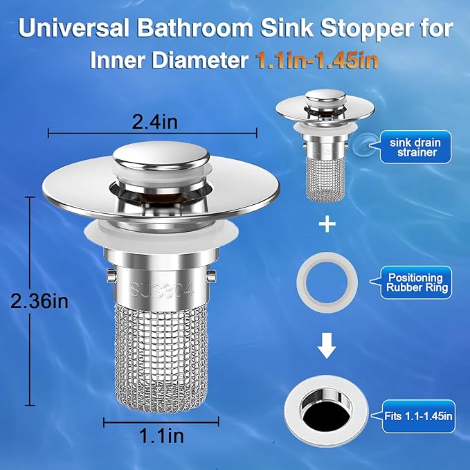 Sink Stopper Hair Catcher, Pop-up Sink Drain Strainer with Removable Stainless Steel Strainer Basket Hair Catcher, Bathroom Sink Strainer for Bathroom Sink Stopper Replacement(1PCS)