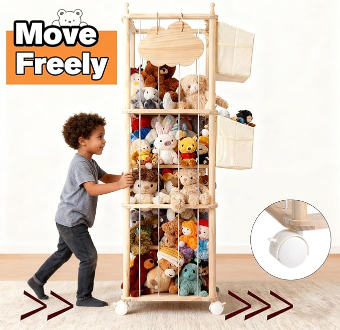 M MEEPO Stuffed Animal Storage & Organizer, with 2-Piece Large Detachable Toy Storage Bags, Wooden Tall Zoo Toys Storage with Wheels for Kids Playroom Kidroom Bedroom, Easy Assemble, 53 Inch