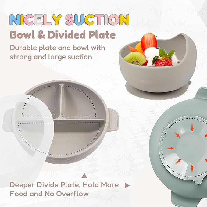 Joline Designs Silicone Baby Feeding Set - Perfect silicone plates for baby & Toddler Plates with lids, Baby Bowls with Suction, Baby Utensils - Baby Led Weaning Supplies & Eating Essentials - (Gray)