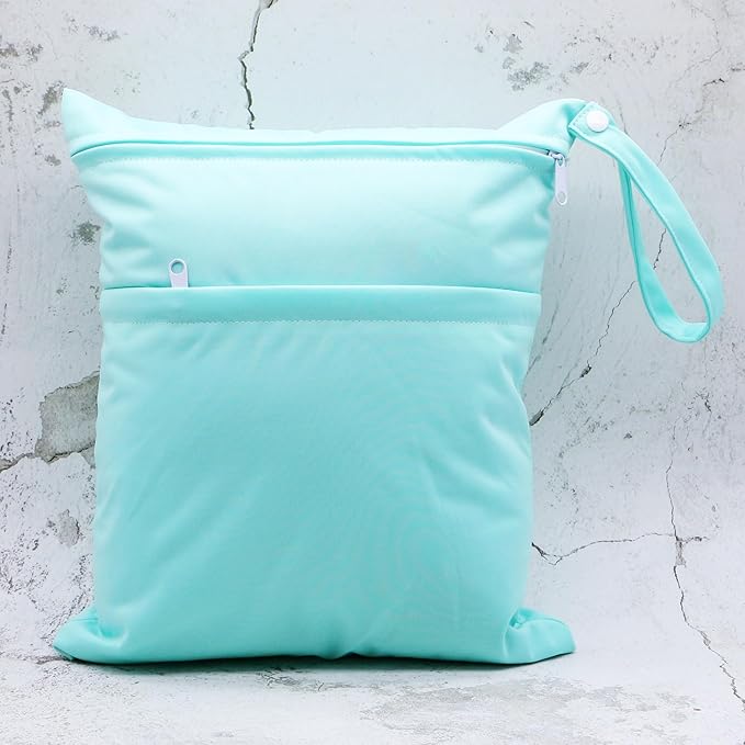 Asenappy 2pcs Cloth Diaper Wet Dry Bags Waterproof Reusable with Two Zippered Pockets Travel Beach Pool Daycare Soiled Baby Items Yoga Gym Bag for Swimsuits or Wet Clothes (3036-2-pinkmint)