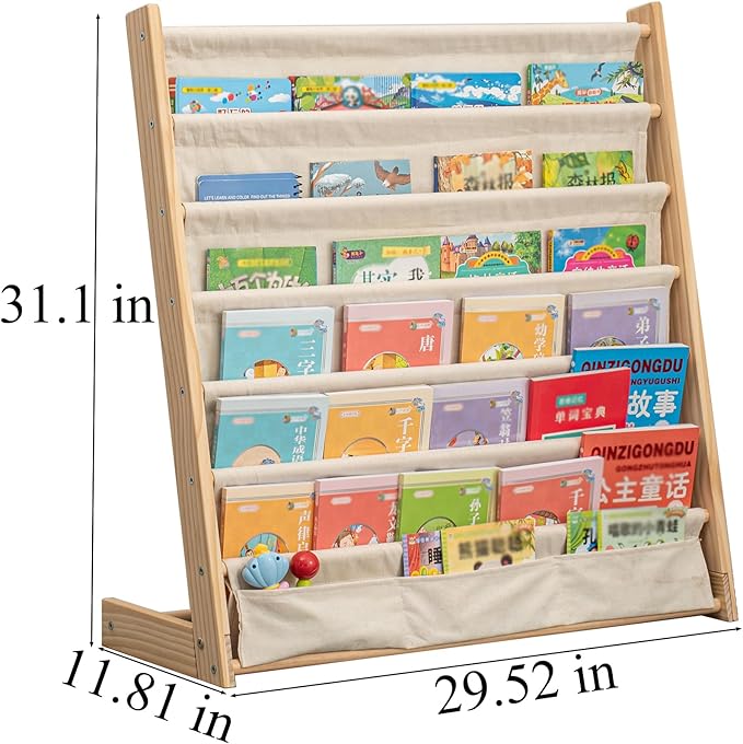 CYMFBSFBU 7 Tier Wooden Kids Bookshelf Book Holder Natural Wood Book Rack Storage Bookshelf for Kids Room Study Room Play Room Toy Storage Organizer (W: 29.52")