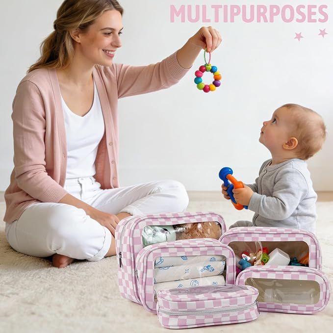 5PCS Diaper Bag Organizer Pouch Set,TSA Approved Toiletry Bag, Waterproof TPU Makeup Bag Set, Travel Organizer Bags for Women and Kids