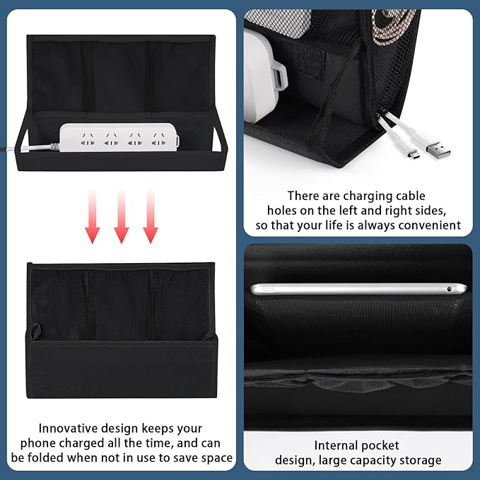 Retyion Bedside Storage Organizer with Power Strip Holder and Adjustable Straps Bed Hanging Bag for Home Bunk Bed Dorm Sofa (Black)