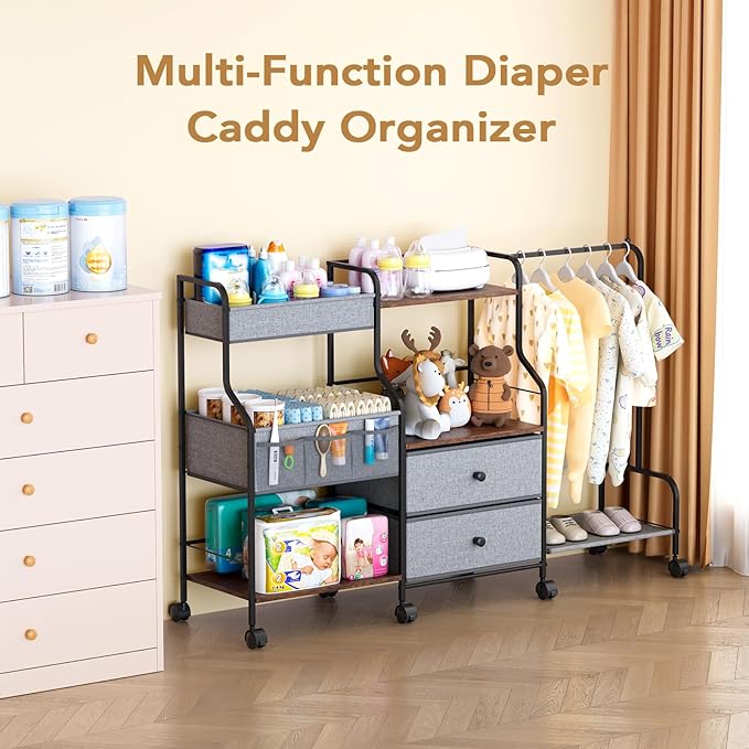 BBLIKE Diaper Caddy Organizer with Hanging Rack - 3 Tier Rolling Utility Cart with Drawers and Dividers for Baby Bottle Storage - Bedside Cart for Changing Station, Crib, Nursery, Bedroom, Gray