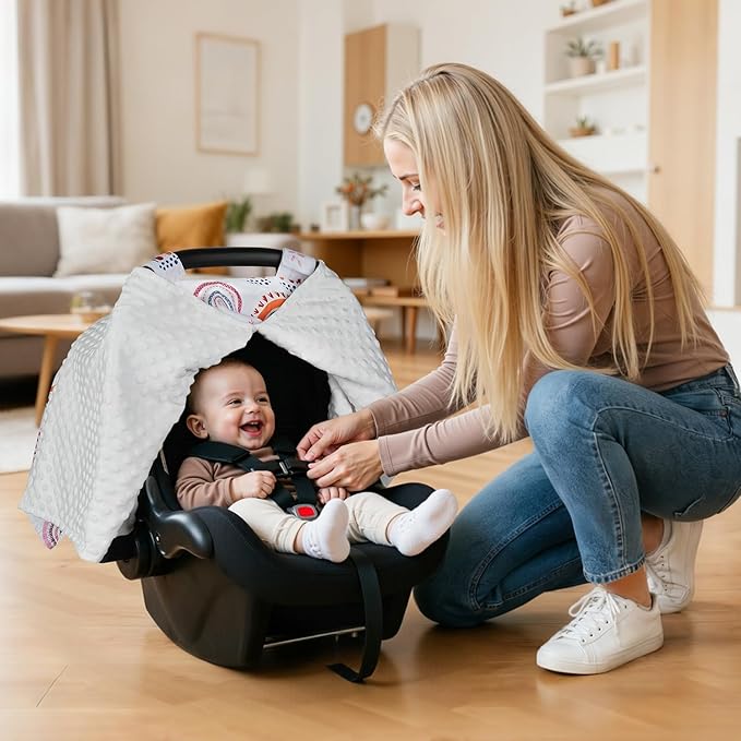 Rquite Car Seat Cover Baby, Carseat Covers Baby Girl, Winter Infant Car Seat Cover, Warm Minky Car Seat Canopy, Baby Carrier Cover with Peekaboo Opening, Multi Use Nursing Cover & Toddler Blanket