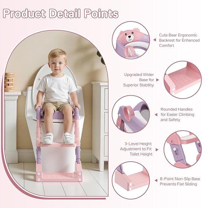Potty Training Seat, 2-in-1 Toddler Toilet Training Seat & Potty Chair for Kids Boys Girls, Height Adjustable Toilet Seat with Splash Guard, Stable Wide Base Design, Anti-Slip Steps Stool