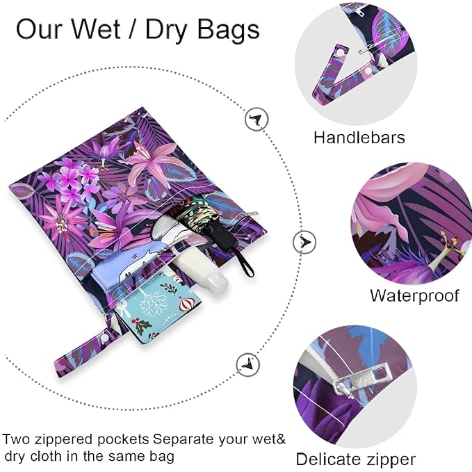 visesunny Tropical Purple Flower Palm 2Pcs Wet Bag with Zippered Pockets Washable Reusable Roomy for Travel,Beach,Pool,Daycare,Stroller,Diapers,Dirty Gym Clothes, Wet Swimsuits, Toiletries