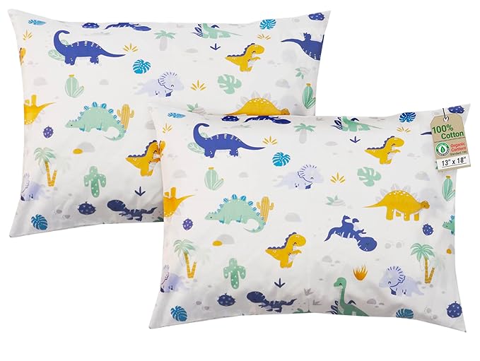 ZPECC Toddler Pillow with Pillowcase - Organic Cotton Hypoallergenic Kids Pillow, Baby Essentials for Travel Crib Daycare Stroller (Intended for Age 2 and up) (Dinosaur, 2 Piece Set 13“x18”)