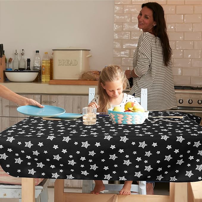 High Chair Mat Waterproof and Washable Splat Mat, Baby Splat Mat for Under High Chair, Non Slip Mat for Art/Crafts/Playtime, Protable Picnic Table Cloth Mat, 46'' x 42'', Black Star