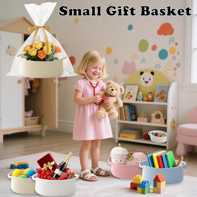 Small Woven Rope Basket-Empty Gifts Basket with Bag and Ribbons,Cute Handle Organizer Box for Birthday/Baby Shower, Toy Storage, Nursery Organizing & Shelf Decor(Cream)