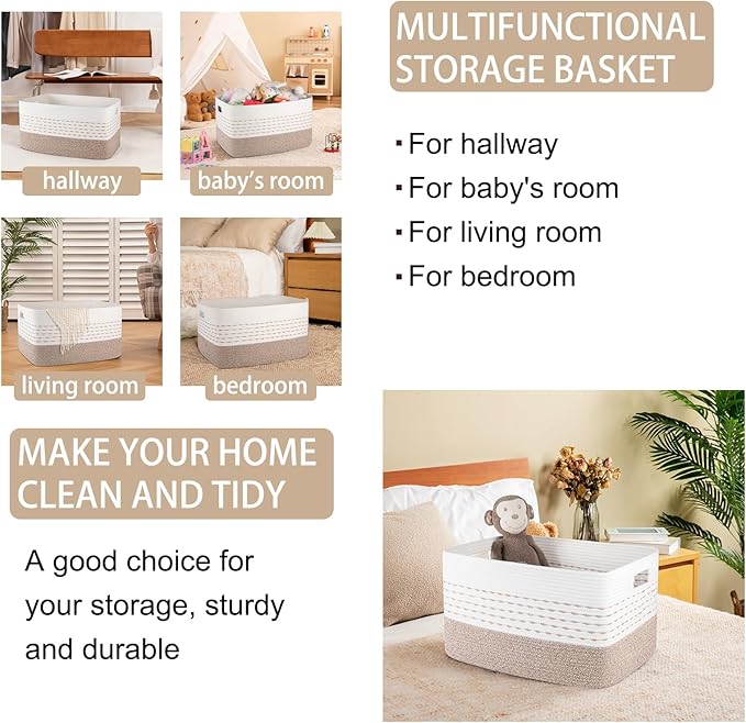 OIAHOM 75L Extra Large Blanket Basket, 22”x17”x15” Rectangle Woven Cotton Rope Baskets for for Living Room, Toy Storage with Handle- Gradient Light Brown