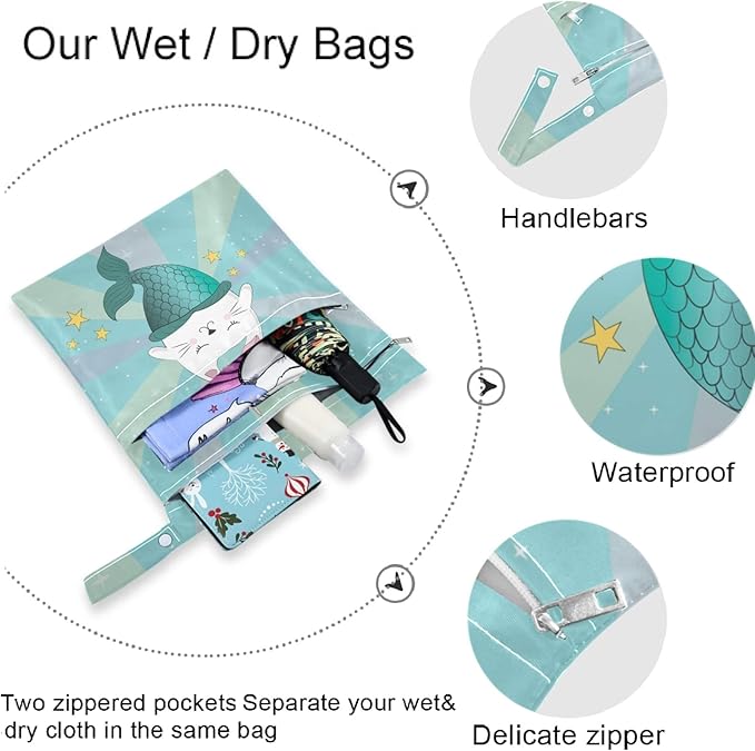 visesunny Fun Magic Cat Unicorn And Mermaid 2Pcs Wet Bag with 2 Zippered Pockets Snap Handle Washable Reusable Roomy for Travel,Beach,Pool,Daycare,Stroller,Diapers,Dirty Gym Clothes, Wet Swimsuits, To