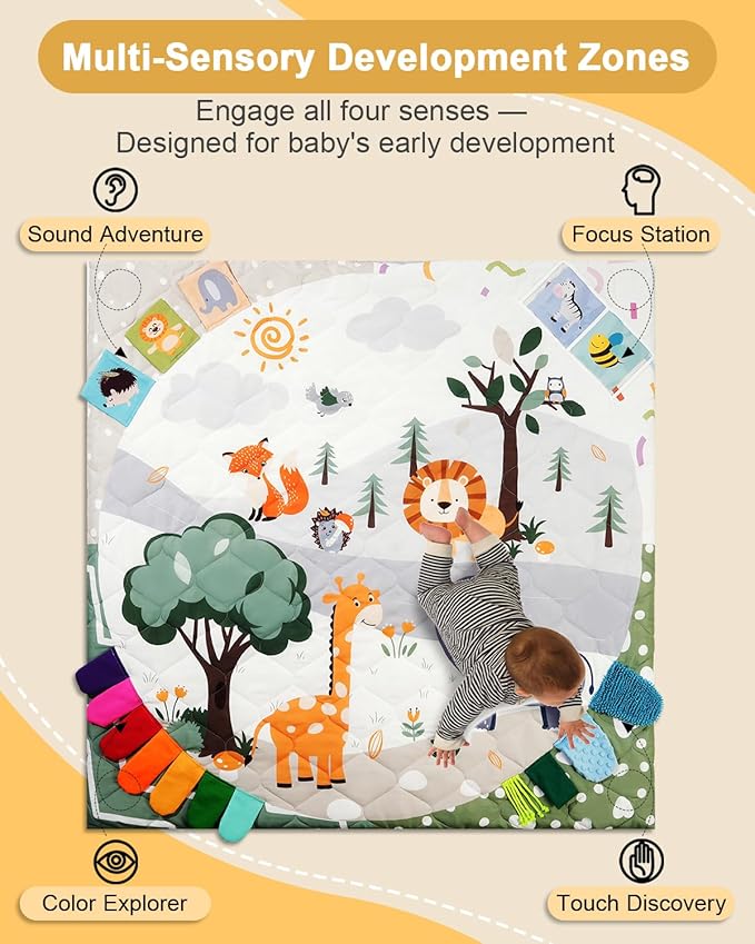Premium Foam Baby Play Mat 50x50, 4 Developmental Zones Play Mat with Removable & Machine Washable Cover, Extra Thick Padding Playpen Mat, Easy to Clean for Infants, Toddlers & Babies