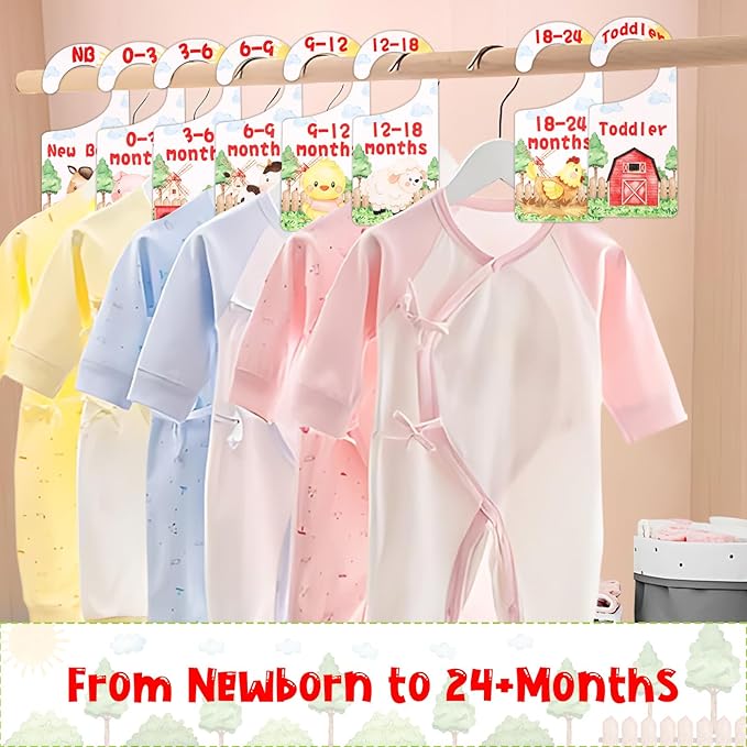 Baby Closet Dividers 8PCS, Farm Animal Theme Wooden Double-Sided Clothes Size Hanger Organizer from Newborn to Toddler for Nursery Decor Baby Shower Birthday Gift (Includes Gift Box)