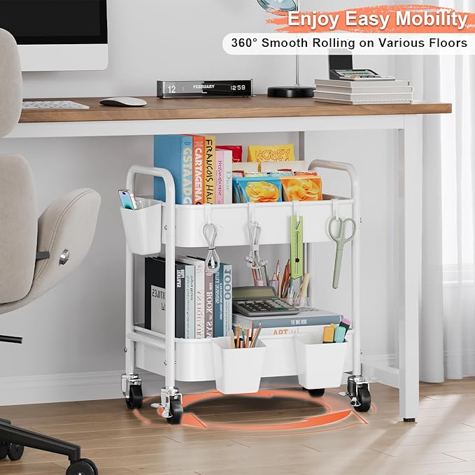 2 Tier All-Metal Rolling Cart, Rolling Storage Cart with Handle and Locking Wheels Kitchen Cart Laundry Office Bathroom Storage Organizer Cart, White