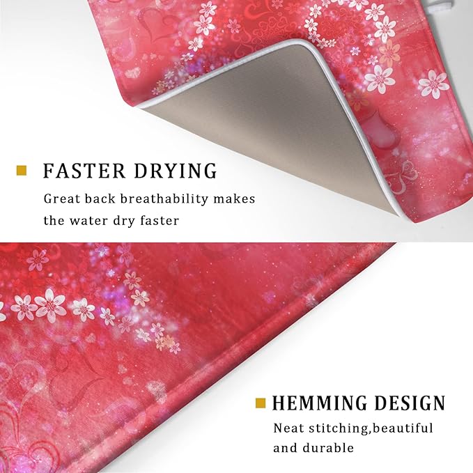 Valentines Day Dish Drying Mat for Kitchen Counter Red Heart Flower Decor Drying Mat 18 x 24 Inch with Absorbent Reversible Microfiber Dish Drying Pad Dish Rack Drainer Mat for Coffee Bar