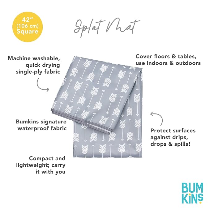 Bumkins Baby Splat Mat for Under High Chair, Babies Toddlers Eating Mess Mat, Waterproof Reusable Cloth for Arts and Crafts, Playtime Mat for Kids, Floors or Tables, Fabric 42inx42in, Gray Arrows