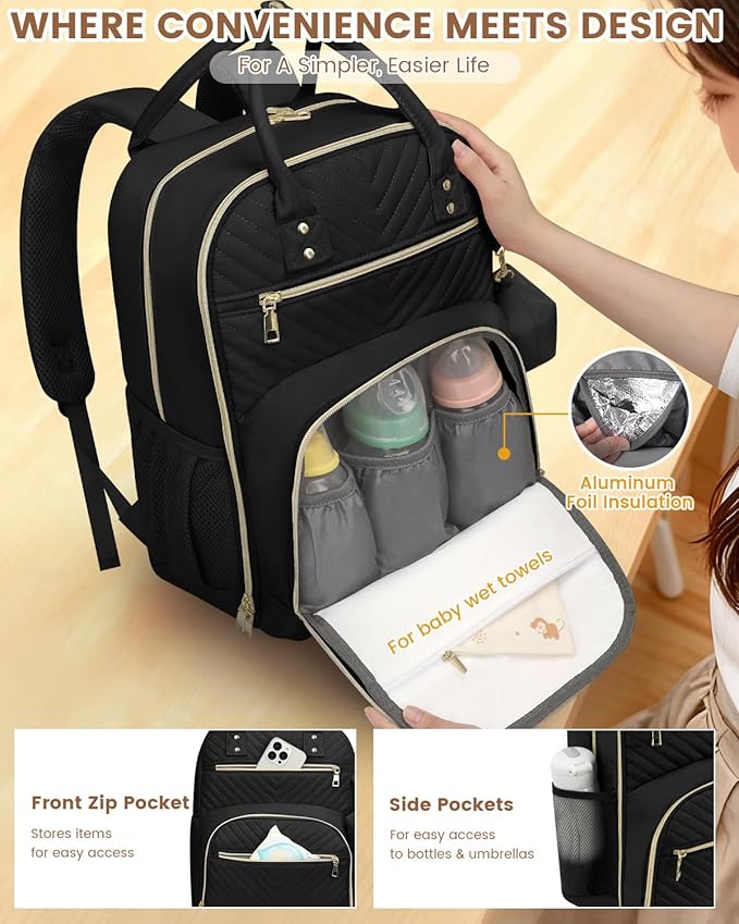Pritent Diaper Bag Backpack,Baby Essentials Diapers Bag with Pacifier Case,Multipurpose Stylish Large Capacity Travel Backpack for Baby Girl/Boy(L-Black)