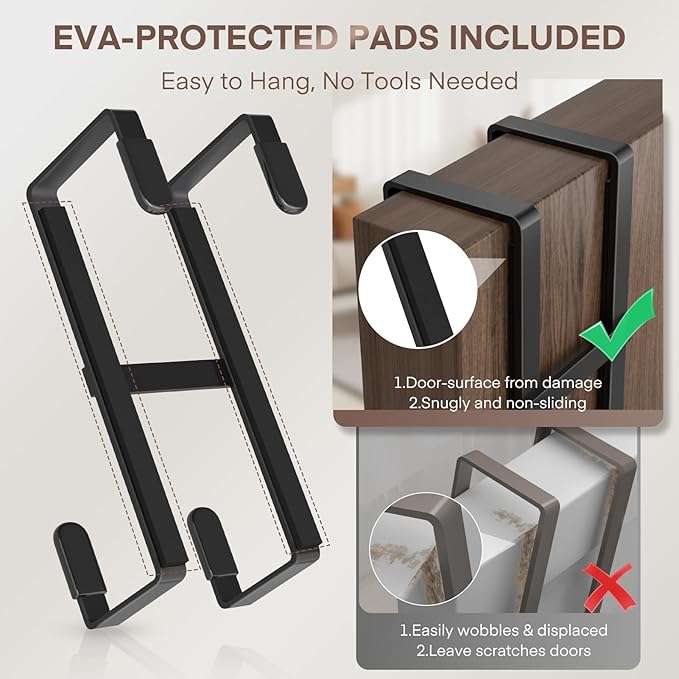 FYY 4 Packs Over The Door Hooks, Double Sided Door Hanger Hook - Heavy Duty No Drill Wall Hooks for Hanging Coats, Towels, Bags, Kitchen Closet Fits Most Doors Up to 1-7/8" Thickness (5.12" L, Black)
