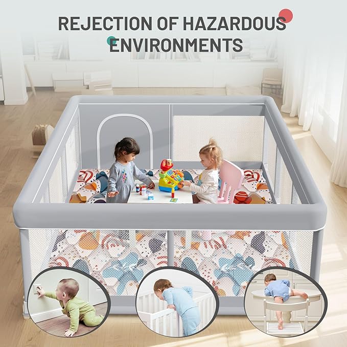 besuhot Baby Playpen 74"x50" with Mat Play Pens for Babies and Toddlers, Large Play Yards for Indoor & Outdoor with Zipper Gates