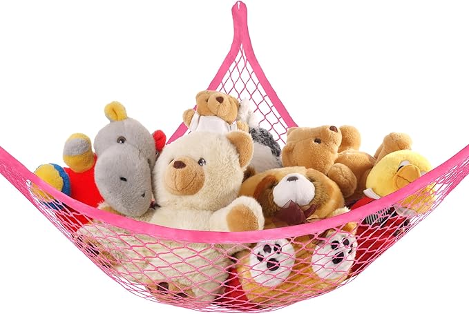 Lazebox Stuffed Animal Net Hammock for Plushie Toys, Stuffed Animal Hammock Corner for Kids' Room Decor, Ideas for Organizing Stuffy Collection, Pink, L (67" x 40" x 40")-Pack of 2
