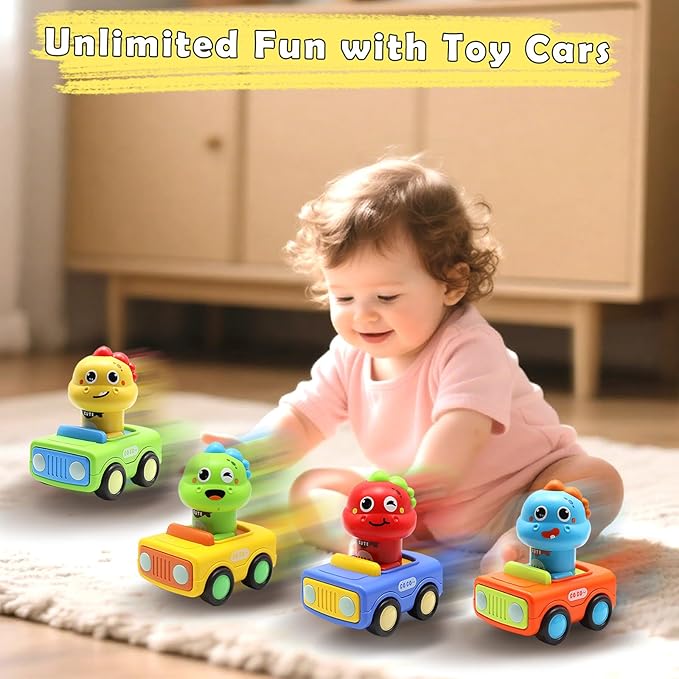 Pbooo Press to Go Car, Dinoaur Car Toys for Toddlers 1-3, Kids' Play Vehicles and Race Cars, Push Go Cars for 6-12-18 Month, Ideal Christmas and Birthday Gift for 1-2 Year Old Kids