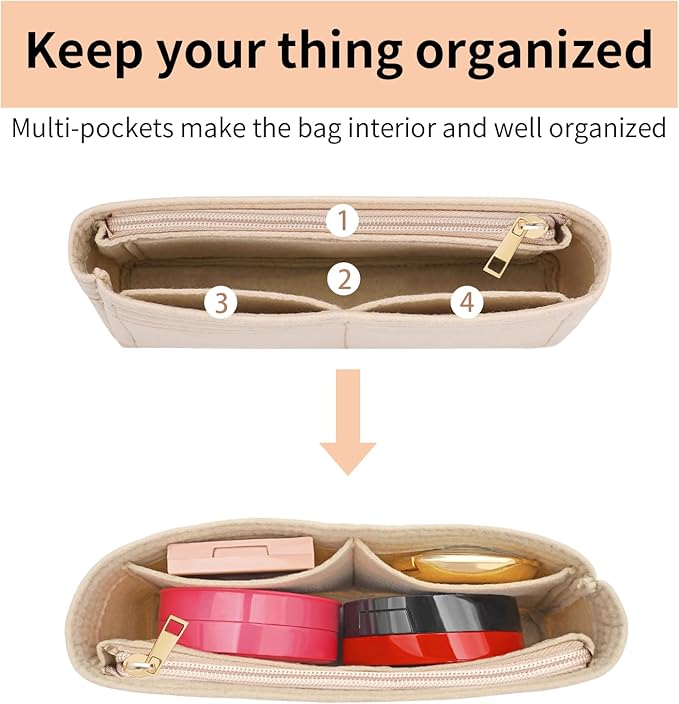 LOUKAYCCI Felt Insert Purse Organizer with Zipper, GG Marmont Matelasse Shoulder Bag Liner Pouch for Women Inner Bladder Storage Bag (Small, Beige)