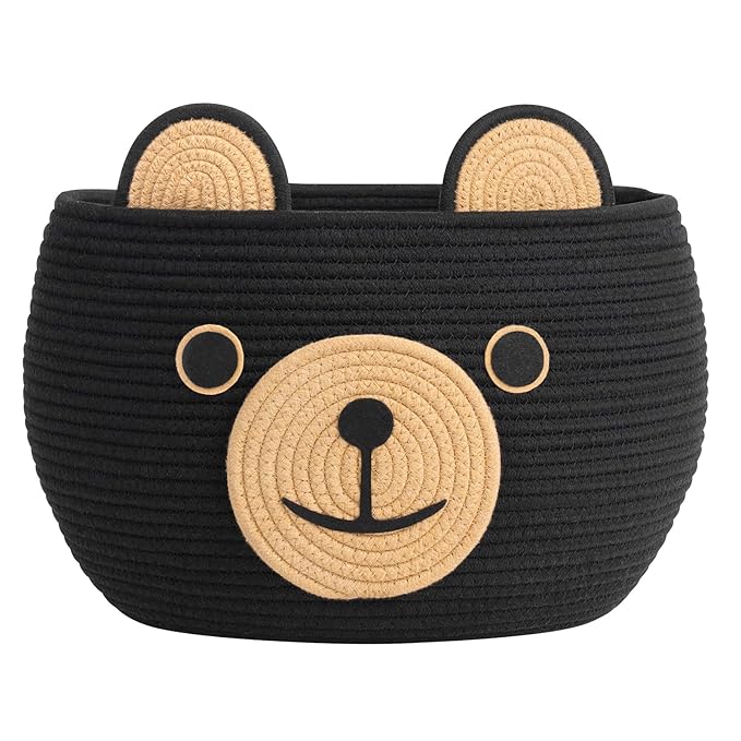 CherryNow Baby Basket for Nursery, Bear Gift Baskets for Kids, Cute Baby Basket for Baby Shower, Decorative Animal Baskets for Living Room, Black, 15.7"D x 10.5"H