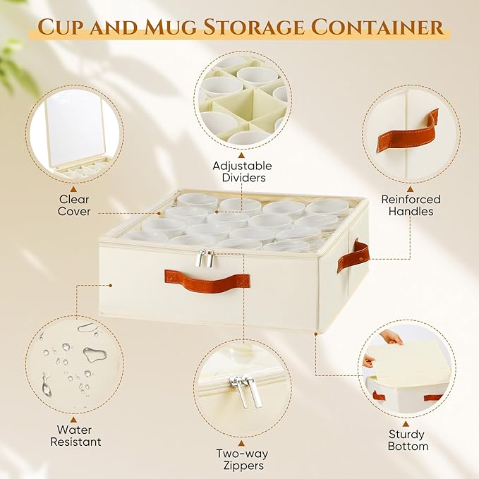 Foyego 2 Pack Coffee Mug Storage Box with Dividers, Stackable China Storage Containers with Lid, Zipper, and Handles for 32 Coffee Mugs and Cups, Mug Storage Organizer for Packing & Moving, Beige