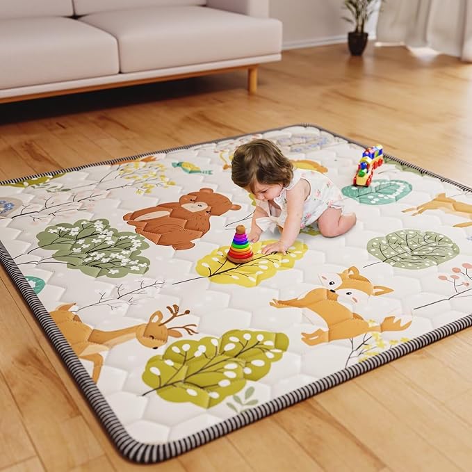 Baby Play Mat 50" X 50" Playpen Mat Upgraded Thicker Baby Floor Play Mat Cushioned Anti- Slip Crawling Mat Waterproof Activity Playmat for Babies Toddlers Infants Tummy Time Tree Fox