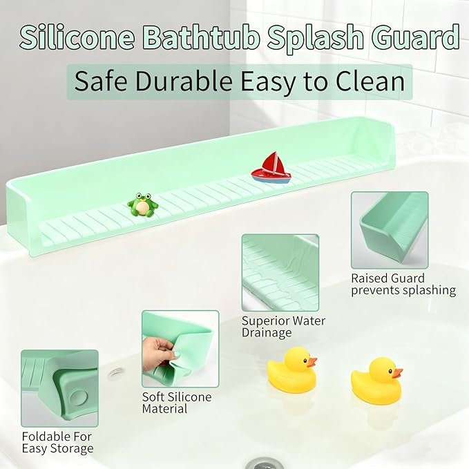Bathtub Splash Guard for Tub Kids - Silicone Splash Guard with 11 Strong Suction Cups, Toy Tray Caddy Holder for Tub, Prevent Water Spills in Bathroom, Suitable for Kitchen Sinks and Bathtubs (Green)
