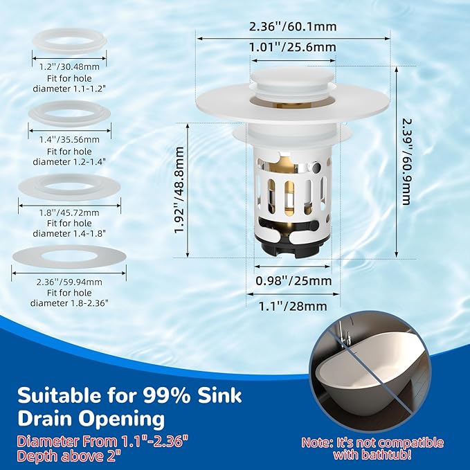 Hibbent 2 Pack 3 in 1 Bathroom Sink Drain Strainer, Universal Pop Up Stopper with Removable Stainless Steel Filter Basket Hair Catcher, Sink Plug for 1.1''~2.36'' Basin, Brass Bullet Core, White